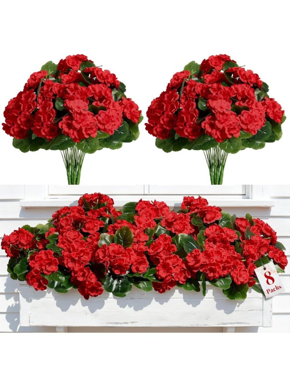 8Pcs UV Resistant Artificial Geranium Flowers for Outdoor & Indoor Decor - Red
